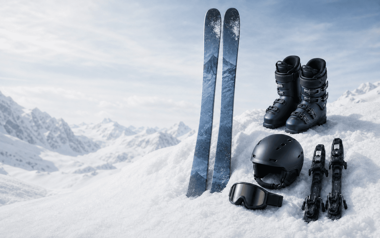 A complete ski equipment system arranged in alpine snow