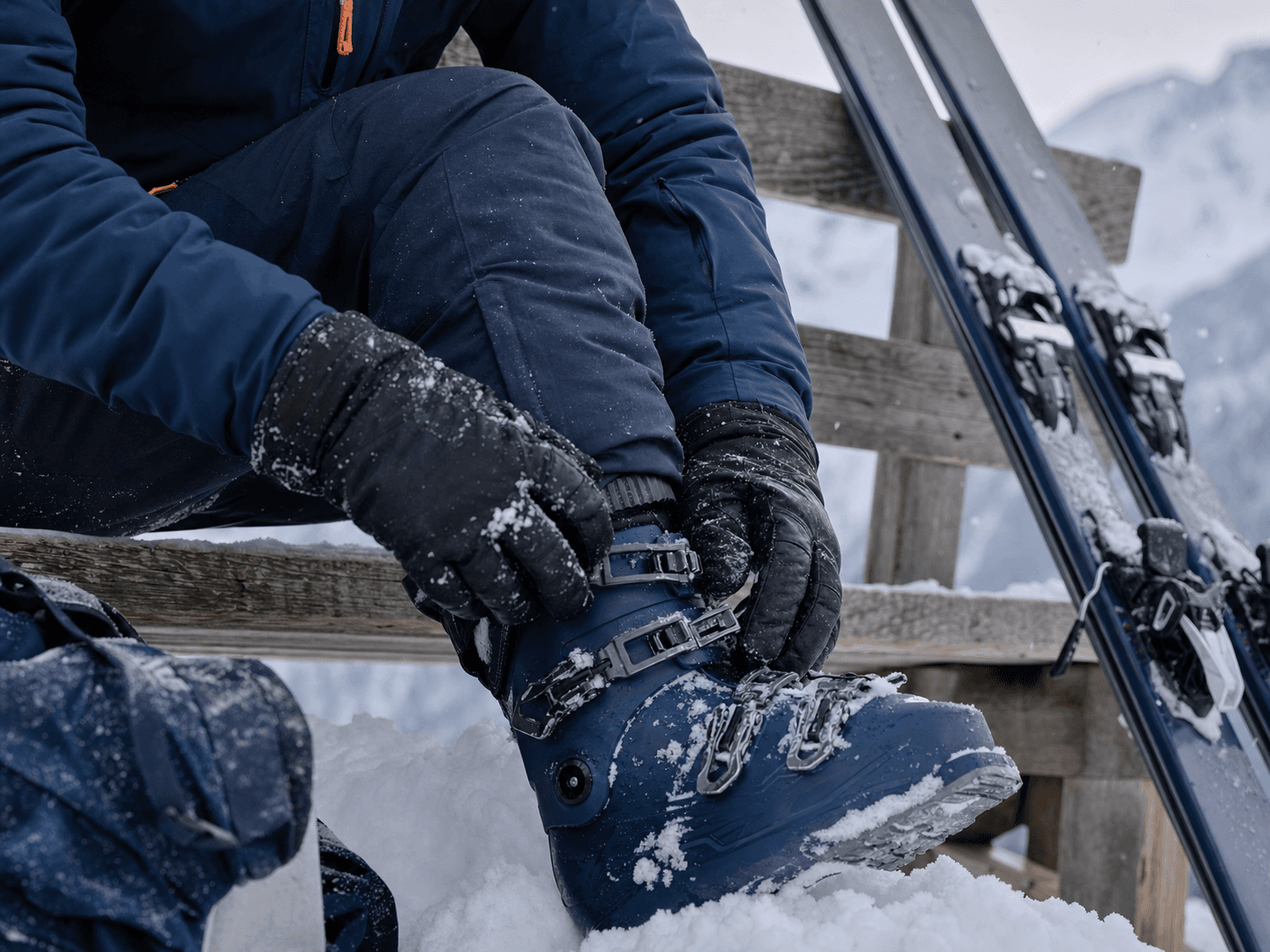 A skier tightening an alpine boot beside a snow-covered mountain bench.