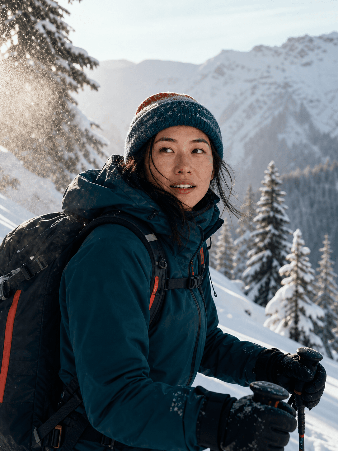 A skier reflecting beside a softly falling powder field.