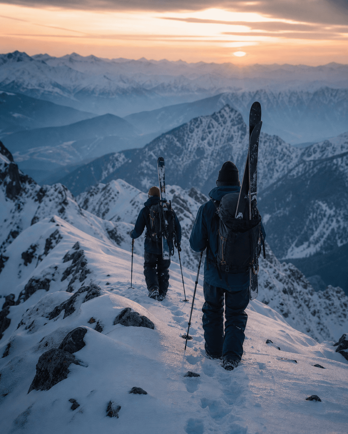Two skiers sharing sunrise from a quiet alpine ridge.