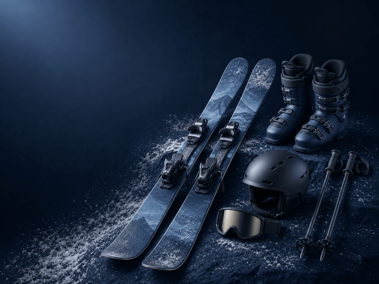 An unbranded advanced powder ski setup arranged on a dark expedition surface.