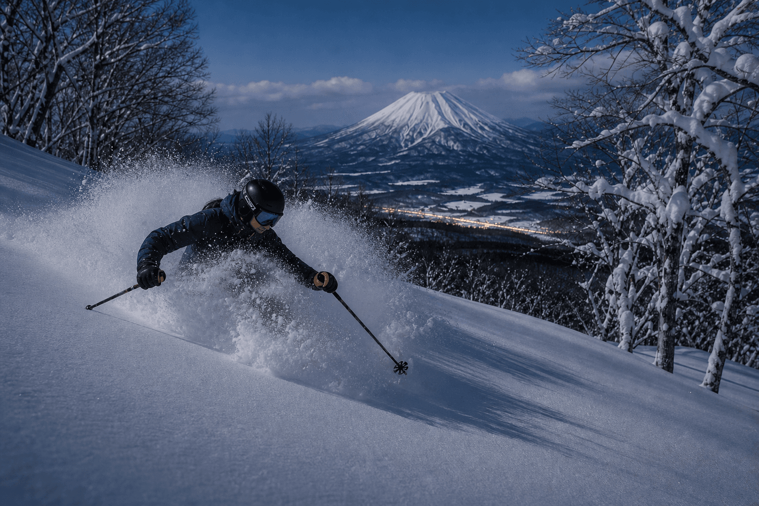 Maya carving through deep Niseko powder with Mount Yotei beyond the silver birch trees.