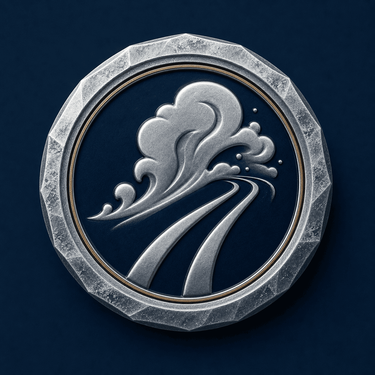 Powder Hunter achievement medallion in ice-silver metal and deep navy enamel.